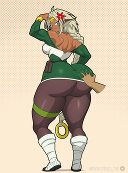 big_butt braided_hair breasts butt butt_grab clothed clothing cross-popping_vein dark_body dark_skin disembodied_hand fangs female flexing footwear green_eyes hair hand_on_butt side_boob solo teeth white_hair snakebd outlaw_star aisha_clanclan animal_humanoid ctarl-ctarl felid felid_humanoid humanoid mammal mammal_humanoid 2026