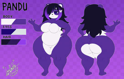 3_toes 4_fingers accessory anthro arms_bent belly big_butt black_hair black_nose blue_eyes breasts butt checkered checkered_background closed_frown color_swatch curvy_figure eyelashes featureless_breasts featureless_crotch feet female fingers frown fur hair hair_accessory hair_over_eye hand_on_hip hand_on_own_hip huge_butt huge_thighs lidded_eyes long_hair medium_breasts mouth_closed multicolored_body multicolored_fur multicolored_hair no_pupils nude nude_female outline pattern_background purple_background purple_body purple_fur purple_tail simple_background solo standing tail text thick_thighs three-quarter_view toes two_tone_body two_tone_fur two_tone_hair white_body white_fur white_outline lyratrchubby pandu_(pandumoniummm) bear giant_panda mammal 2024 artist_name character_name digital_drawing_(artwork) digital_media_(artwork) english_description english_text flat_colors hi_res model_sheet