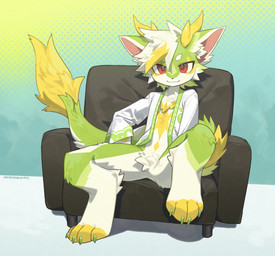 2_horns 4_toes :3 anthro asian_clothing black_sofa chest_tuft clothing crotch_tuft dragon_tail east_asian_clothing feet fluffy fluffy_tail fur furniture green_body green_fur hindpaw horn japanese_clothing kemono kimono looking_at_viewer male markings multicolored_body multicolored_fur on_sofa paws red_eyes sitting sitting_on_sofa smile smiling_at_viewer sofa solo spread_legs spreading tail text toes tuft white_body white_fur yellow_body yellow_fur yellow_horn yellow_markings kaltespur mythology honlem dragon furred_dragon furred_scalie mythological_creature mythological_scalie scalie 2024 cel_shading character_name dated digital_drawing_(artwork) digital_media_(artwork) english_text full-length_portrait hi_res japanese_text portrait shaded signature translation_request