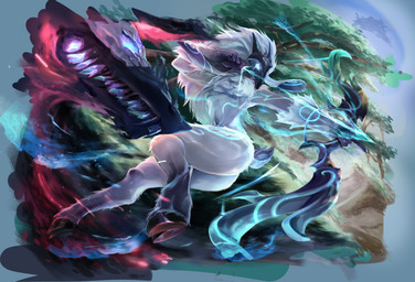 4_fingers action_pose anthro bow_(weapon) duo female fingers floating floating_head_creature fur fur_markings glowing glowing_eyes hair holding_bow_(weapon) holding_object holding_ranged_weapon holding_weapon hooves low-angle_view male markings mask navel nude nude_anthro nude_female pose ranged_weapon small_waist tail thick_thighs weapon wearing_mask white_body white_fur white_hair yuhan5 league_of_legends riot_games tencent kindred_(lol) lamb_(lol) wolf_(lol) bovid canid canine canis caprine mammal sheep wolf 2026 absurd_res digital_media_(artwork) digital_painting_(artwork) hi_res painting_(artwork) pinup
