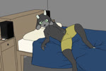 anthro bed boxers_(clothing) broken_horn clothing fur furniture green_eyes grey_body grey_fur hooves horizontal_pupils horn lying lying_on_bed male notched_ear on_bed on_side pupils smile underwear yellow_clothing yellow_underwear how-about macco_(sleepysheepy17) bovid caprine goat mammal animated hi_res no_sound short_playtime webm trans_(lore) trans_man_(lore)