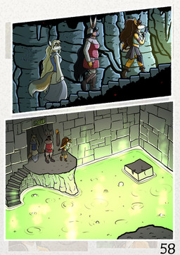 anthro big_breasts black_hair blonde_hair blue_eyes breasts brown_body brown_eye brown_eyes brown_fur brown_hair fantasy female fur hair large_spitz long_hair markings medieval red_eyes spots spotted_body spotted_fur the_quest_for_quests white_body white_fur yellow_body yellow_fur zaiksmckraven tqfq grace_o'malley madlaine_mckraven megan_bryar canid canine canis domestic_dog fox german_spitz lagomorph leporid mammal rabbit spitz absurd_res comic hi_res