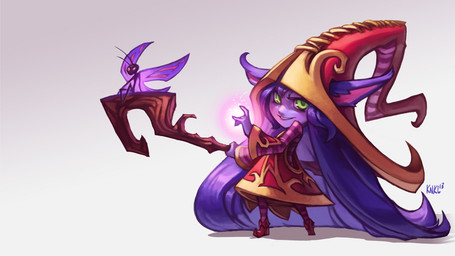 ambiguous_gender boots clothing dress duo female footwear green_eyes grey_background hair holding_object holding_staff legwear long_hair magic pattern_clothing pattern_legwear pattern_stockings purple_body shoes short simple_background size_difference staff stockings striped_clothing striped_legwear striped_stockings stripes wings kienan_lafferty league_of_legends riot_games tencent lulu_(lol) pix_(lol) fairy humanoid yordle 16:9 2013 digital_media_(artwork) hi_res widescreen