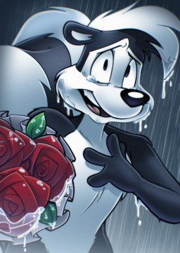 anthro black_body black_fur black_nose bouquet desperation first_person_view flower fur hair hand_on_chest holding_bouquet holding_flower holding_object looking_at_viewer male plant raining rose_(flower) solo tears_of_desperation tears_of_sadness wet wet_body white_body white_fur jusrhkuhoh looney_tunes warner_brothers pepe_le_pew mammal mephitid skunk hi_res