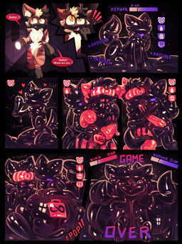 3_toes abdl after_transformation anthro bodily_fluids bulge bulge_frottage bulge_grab clothed clothing diaper diaper_squish drone dronification drooling dungeon duo feet flashlight fur game_over game_ui gameplay_mechanics goo_transformation hosesuit latex male male/male nude red_body red_fur saliva tail text tight_clothing toes transformation transformation_sequence wearing_diaper yellow_eyes latexm4n zephyr_(zephyrthehyena) zikz_(zephyrthehyena) absurd_res comic english_text hi_res