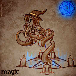 ambiguous_gender anthro blue_dice blue_hues candle clothing d20 dice duo ensnared feral fire hat headgear headwear holidays magic magic_user not_furry occult_symbol oh_shit open_mouth pentagram summoning summoning_circle symbol tentacles wide_eyed witch_hat wysdrem halloween mammal unknown_species 1:1 hi_res
