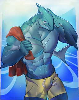 abs anthro barazoku blue_body bottomwear chest_scar clothed clothing clothing_over_shoulder deltoids elbow_fin fangs fin fin_scar front_view gills hand_on_head head_fin looking_at_viewer male muscular muscular_anthro muscular_male navel non-mammal_navel pecs scar shorts solo swimming_trunks swimwear teeth text topless trapezius wet wet_body x_scar yellow_bottomwear yellow_clothing yellow_shorts megadolix aquatic fish shark artist_name digital_media_(artwork) hi_res