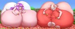 anthro big_breasts big_butt biped blues64 blush breasts butt clothed clothing digital_media_(artwork) domestic_pig duo eyelashes female flower hair hi_res huge_breasts huge_butt hyper hyper_breasts mammal marauder6272 pink_body plant pupils suid suina sus_(pig)