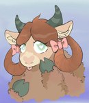 anthro blep blue_background bow_accessory brown_body brown_fur brown_wool ears_down female fur gradient gradient_background green_hooves green_horn hand_to_face heart_(marking) heart_eyes heart_symbol hooves horn inner_ear_fluff looking_at_viewer markings pink_bow pivoted_ears simple_background solo tongue tongue_out tuft white_inner_ear_fluff wool_(fur) xxpansyxx friendship_is_magic hasbro my_little_pony yona_yak_(mlp) bovid bovine mammal yak