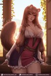 breasts cleavage clothed clothing detailed_background dress female hair long_hair solo text luminyu the_rising_of_the_shield_hero raphtalia animal_humanoid canid canid_humanoid canine canine_humanoid humanoid mammal mammal_humanoid tanuki_humanoid english_text hi_res url