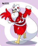 anthro bag beak big_breasts blush breasts brown_eyes clothing costume dress eyewear female fur glasses looking_at_viewer red_body red_clothing red_dress santa_costume solo standing tail thick_thighs white_body white_fur nishiki_(artist) nintendo pokemon delibird generation_2_pokemon pokemon_(species) full-length_portrait hi_res portrait
