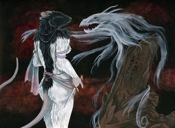 anthro breasts dagger dark duo female melee_weapon nude side_boob tail text weapon ladyjekyll ghost mammal murid murine rat rodent spirit undead chinese_text portrait three-quarter_portrait traditional_media_(artwork) translation_request