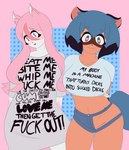 anthro blue_hair brown_body brown_fur clothed clothing duo female fur hair heart_after_text looking_at_viewer open_mouth pink_body pink_hair profanity shirt simple_background suggestive_clothing tail text text_on_clothing text_on_shirt text_on_t-shirt text_on_topwear topwear keccubus brand_new_animal my_body_is_a_machine studio_trigger michiru_kagemori nazuna_hiwatashi animal_humanoid canid canid_humanoid canine canine_humanoid canis fox fox_humanoid humanoid mammal mammal_humanoid procyonid raccoon raccoon_dog tanuki tanuki_humanoid absurd_res digital_media_(artwork) hi_res