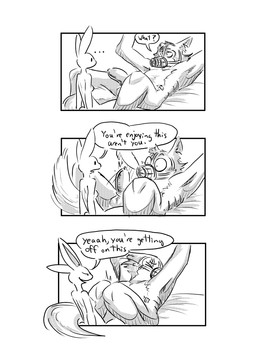 anthro bdsm bed bondage bound breasts condom dialogue duo embarrassed female furniture genitals gunshot_wound lying male male/female muzzle_(object) nipples nude on_back penis scar sexual_barrier_device size_difference small_dom_big_sub teasing dragonweirdo beastars haru_(beastars) legoshi_(beastars) canid canine canis lagomorph leporid mammal rabbit wolf absurd_res comic hi_res monochrome