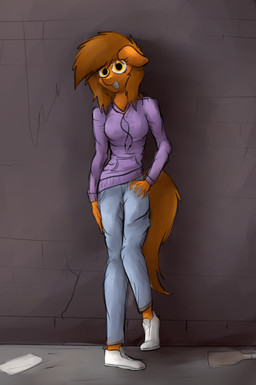 anthro brick_wall clothing female hair leaning_on_wall looking_at_viewer smile solo wall_(structure) marsminer hasbro my_little_pony fan_character venus_spring earth_pony equid equine horse mammal pony 2015 absurd_res digital_media_(artwork) hi_res