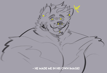 :3 anthro barazoku big_muscles dialogue facial_piercing fur grey_background grey_body grey_fur hair huge_muscles male male_anthro muscular muscular_anthro muscular_male nose_piercing open_mouth open_smile piercing simple_background smile solo text tongue white_text yellow_eyes yellow_piercing melaisen canid canine demon mammal 2023 2026 absurd_res digital_drawing_(artwork) digital_media_(artwork) english_description greyscale hi_res monochrome