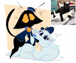 anthro bell bell_collar black_body black_fur clothing collar duo female fur hat headgear headwear looking_at_viewer male male/female surprise tail topwear whisker_spots white_body white_fur silentjack domestic_cat felid feline felis mammal 2025 hi_res reference_image signature