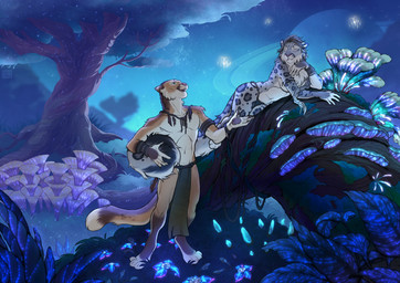 alien_planet alien_plant anthro athletic athletic_anthro biolum bioluminescence black_spots bottomwear brown_body brown_fur clothing detailed_background duo female fungus fur glowing glowing_fungus glowing_mushroom green_eyes grey_body grey_fur jewelry loincloth male mushroom night nightlight plant romantic romantic_couple roots smile smiling_at_another smiling_at_partner spots star talking_to_another tree tribal tribal_clothing tribal_jewelry white_body white_fur geaidu lumy rikki_(purrma) cougar felid feline mammal pantherine snow_leopard 2026 absurd_res hi_res