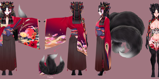 3_tails accessory anthro arm_tattoo asian_clothing belly_tattoo black_body black_hair body_tattoo bottomwear breasts chest_tattoo claws clothed clothed/nude clothing east_asian_clothing fangs female finger_claws fur genital_tattoo genitals gold_(metal) gold_jewelry hair hair_accessory hakama japanese_clothing jewelry katana kimono leg_tattoo makeup medium_breasts melee_weapon multi_tail multicolored_body multicolored_fur nude nude_female obi oiran pale_skin pattern_clothing ronin solo sword tail tattoo teeth toe_claws two_tone_body two_tone_fur weapon rozjins animal_humanoid canid canid_humanoid canine canine_humanoid fox fox_humanoid fox_spirit human humanoid mammal mammal_humanoid absurd_res hi_res model_sheet