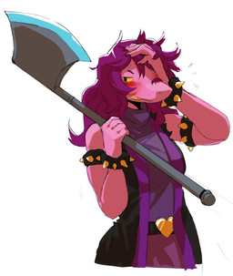 armband athletic athletic_female axe belt belt_buckle black_eyes blush bodily_fluids bottomwear bracelet breasts buckle claws clothed clothing denim denim_bottomwear denim_clothing embarrassed female flying_sweatdrops freckles fully_clothed hair half-closed_eyes hand_on_head heart_symbol holding_object holding_weapon jeans jewelry long_coat looking_aside melee_weapon narrowed_eyes non-mammal_breasts pants pink_body purple_bottomwear purple_clothing purple_hair purple_pants purple_shirt purple_topwear sharp_teeth shirt simple_background small_breasts solo spiked_armband spiked_bracelet spikes standing sweat sweatdrop teeth topwear weapon weapon_on_shoulder white_background yellow_sclera yellow_teeth galaxyspark deltarune undertale_(series) susie_(deltarune) reptile scalie 2018 guide_lines half-length_portrait hi_res portrait