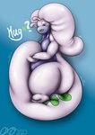 green_eyes hug_request looking_at_viewer open_mouth simple_background solo tail text orcaxdragon nintendo pokemon generation_6_pokemon goodra pokemon_(species) absurd_res hi_res