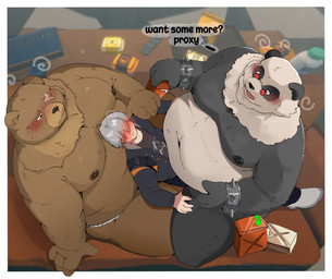 anthro asian_clothing belly black_body black_fur blush brown_body brown_fur clothed clothing detailed_background drunk east_asian_clothing eye_scar eyewear facial_scar fundoshi fundoshi_only fur glasses grey_hair group hair inside japanese_clothing male male/male moobs overweight overweight_male scar substance_intoxication topless trapped_between_bellies trio underwear underwear_only white_body white_fur yeminthura29985 mihoyo zenless_zone_zero ben_bigger pan_yinhu wise_(zenless_zone_zero) bear giant_panda human mammal thiren 2025 hi_res