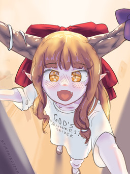 2_horns :d accessory bow_ribbon brown_hair brown_horn clothed clothed_female clothed_humanoid clothing cute_fangs fangs female flip_flops footwear furgonomics hair hair_accessory hair_bow hair_ribbon horn horn_accessory horn_ribbon humanoid_pointy_ears looking_at_viewer not_furry one_fang open_mouth open_smile orange_eyes pointy_ears ribbons sandals shirt shoes smile solo t-shirt teeth text text_on_clothing text_on_shirt text_on_topwear topwear white_clothing white_shirt white_t-shirt white_topwear stirfriedspam asian_mythology east_asian_mythology japanese_mythology mythology touhou suika_ibuki demon horned_humanoid humanoid oni yokai 3:4 english_text hi_res signature