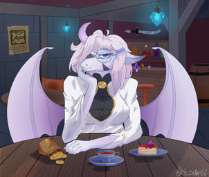 anthro blue_eyes breasts cake dessert ear_piercing ear_ring eyewear female food glasses hair horn looking_at_viewer medium_breasts piercing pink_hair ring_piercing short_hair sitting solo wearing_glasses wings mrowley66 dungeons_and_dragons hasbro mythology wizards_of_the_coast fan_character dragon mythological_creature mythological_scalie scalie winged_dragon absurd_res hi_res