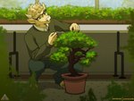 anthro bonsai clothed clothing detailed_background eyewear fur furniture glasses greenhouse hair horn inside male plant smile solo standing sweater table topwear vivarium prismanoodle_(artist) bovid bovine cattle mammal 2022 4:3