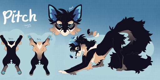 black_body black_fur blue_eyes ear_tuft female feral fluffy fluffy_tail front_view fur multicolored_body multicolored_fur pawpads rear_view solo tail tuft ring-of-thorns pitch_(ring-of-thorns) canid canine canis mammal wolf hi_res model_sheet