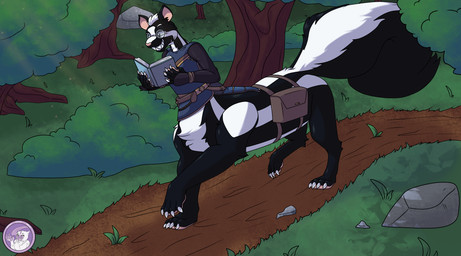 book clothing eyewear forest glasgow_smile glasses grin hiking male pawpads paws plant shirt sidebag smile topwear tree tunic hyperchibiabsol emil mammal mammal_taur mephitid mephitid_taur skunk skunk_taur taur absurd_res hi_res