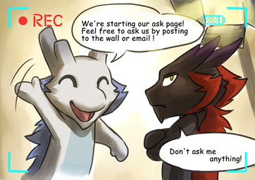 anthro blue_hair camera_view dialogue duo eyes_closed fur hair looking_at_viewer male open_mouth recording smile speech_bubble text jc_(artist) dragonbros mythology ebby silvvy dragon furred_dragon furred_scalie mythological_creature mythological_scalie scalie 2013 english_text
