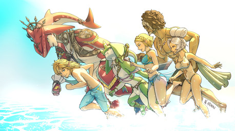 abs anklet anthro bikini blonde_hair blue_eyes bottomwear bracelet breasts brown_hair bulge clothed clothed_female clothed_human clothed_humanoid clothed_male clothing covered_breasts female green_body group hair hair_bun humanoid_pointy_ears jewelry light_body light_skin looking_at_another looking_back looking_back_at_another male multicolored_body muscular muscular_anthro muscular_humanoid muscular_male navel necklace one-piece_swimsuit open_mouth pointy_ears red_body running short_hair shorts side_view size_difference smile swimming_trunks swimwear two-piece_swimsuit two_tone_body water white_hair madras nintendo tears_of_the_kingdom the_legend_of_zelda link prince_sidon princess_zelda purah tauro_(tloz) yona_(tloz) aquatic human humanoid hylian mammal zora 2024 absurd_res full-length_portrait hi_res portrait