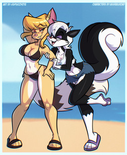anthro beach big_breasts bikini black_bikini black_clothing black_swimwear blonde_hair border bottomwear breasts clothing collarbone crop_top denim denim_bottomwear denim_clothing denim_shorts duo ear_piercing ear_ring eyebrows eyelashes feet female flip_flops footwear glistening hair hand_on_hip navel piercing ring_piercing sandals shirt shoes shorts small_waist smile soft_abs swimwear tan_body topwear torn_clothing two-piece_swimsuit white_body white_border white_hair wide_hips psicoyote becky_ringtail bassariscus mammal mephitid procyonid ring-tailed_cat skunk 2026 absurd_res hi_res