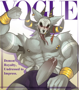abs armpit_hair barbell_piercing blush bodily_fluids body_hair bone erection fur genital_fluids genitals glans horn male muscular muscular_male nipple_piercing nipples penis piercing skull skull_head text tongue tongue_out unknown_artist cover digital_drawing_(artwork) digital_media_(artwork) english_text hi_res magazine_cover