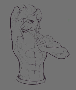 abs anthro armpit_hair body_hair ear_piercing ear_stud fur grey_background hand_behind_head hand_on_chest humanoid_hands looking_at_viewer male markings mohawk muscular muscular_anthro muscular_male pecs pecs_touching piercing raised_arm sharp_teeth shirtless_anthro shirtless_male simple_background solo spots spotted_body spotted_fur teeth morgtex hyena mammal 2025 digital_drawing_(artwork) digital_media_(artwork) monochrome sketch