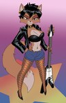 anthro black_hair blue_eyes bottomwear choker clothing colored_nails ear_piercing ear_ring electric_guitar female fishnet_clothing fishnet_legwear footwear guitar hair hand_on_hip high_heels holding_guitar holding_musical_instrument holding_object jacket jewelry leather leather_clothing leather_jacket leather_topwear legwear looking_at_viewer messy_hair musical_instrument nails navel navel_piercing navel_ring necklace piercing plucked_string_instrument pumps ring_piercing shoes shorts simple_background smile smirk solo spikes star string_instrument text topwear bigdad crovirus flying_v gibson nikki_(aikon) canid canine fox mammal absurd_res collaboration english_text hi_res