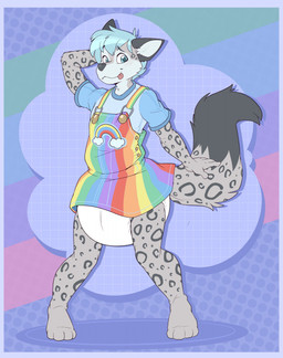 4_toes 5_fingers ambiguous_gender anthro blue_border blue_clothing blue_hair blue_shirt blue_topwear blush blush_lines border button_(fastener) clean_diaper clothed clothing diaper dipstick_tail dotted_background feet fingers fur grey_body grey_ears grey_fur grey_nose grey_spots grey_tail_tip hair hand_behind_head inner_ear_fluff leopard_spots markings multicolored_body multicolored_clothing multicolored_fur overalls pattern_background rainbow_clothing shirt simple_background skirtalls smile snaggle_tooth solo spots spotted_body spotted_fur spotted_markings spotted_tail standing tail tail_markings toes tongue tongue_out topwear tuft wearing_diaper white_body white_diaper white_fur white_inner_ear_fluff bubblepuppers greypupbw canid canine canis felid hybrid mammal pantherine snow_leopard wolf hi_res male_(lore)