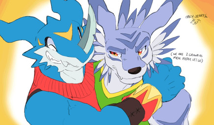 annoyed anthro black_nose blade_horn blue_body countershading cuffs_(clothing) dialogue duo eyes_closed facial_horn fur horn hug looking_at_another male markings nose_horn open_mouth open_smile patreon_username red_eyes sleeveless_topwear smile stated_gender striped_body striped_fur stripes teeth text yellow_markings dahecksajerry bandai_namco digimon digimon_(species) exveemon garurumon 2026 digital_drawing_(artwork) digital_media_(artwork) english_text