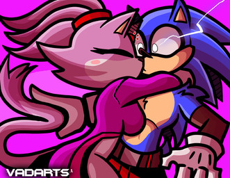 anthro arms_around_neck blush duo electricity eyes_closed female hair hero hug kissing male male/female ponytail princess royalty surprised vadarts sega sonic_the_hedgehog_(series) blaze_the_cat sonic_the_hedgehog domestic_cat eulipotyphlan felid feline felis hedgehog mammal