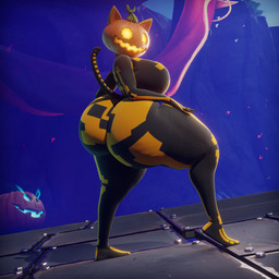 anthro big_breasts big_butt black_body black_clothing black_skinsuit bone breasts butt clothing female for_a_head glowing glowing_eyes glowing_mouth hand_on_leg hand_on_thigh huge_butt hyper hyper_butt looking_back orange_body outside pumpkin_head rear_view seductive side_boob skeleton skinsuit smile solo tail tight_clothing yellow_body ctgiantess epic_games fortnite spice_(fortnite) felid feline mammal object_head 1:1 2025 3d_(artwork) digital_media_(artwork) hi_res