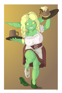 alcohol beer beverage big_breasts blonde_hair breasts clothed clothing clothing_around_one_leg container cup ear_piercing female footwear green_body green_clothing green_footwear green_shoes green_skin hair holding_object mug on_one_leg panties panties_around_one_leg panties_down partially_clothed piercing shoes smile solo standing thick_thighs underwear underwear_around_one_leg underwear_down yellow_eyes jw_7e6 goblin absurd_res hi_res
