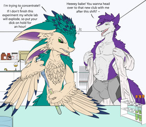 animal_genitalia annoyed anthro balls big_balls big_bulge big_penis big_tail bottomwear bulge clothed clothing coat detailed_bulge dialogue duo ears_down feathers flirting genitals half_naked holding_object huge_balls huge_bulge huge_penis inviting lab_coat laboratory laboratory_equipment laboratory_glassware large_sheath male nude penis pipette pivoted_ears pose presenting pubes pubes_exposed revealing_outfit science science_fiction science_fiction_background scientific_experiment scientific_instrument seductive sheath sheath_bulge shorts skimpy suggestive tail teasing text tight_bottomwear tight_bulges tight_clothing tight_shorts tight_underwear tongue tongue_out topwear tube underwear undressing undressing_self conditional_dnp samagthrav2 kalan_(chaoticinfluencerai) laceym avali avian mammal sergal absurd_res english_text hi_res pinup