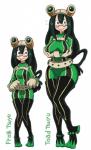 aged_up big_breasts black_hair blush bodily_fluids breasts clothed clothing eyewear female goggles green_hair hair holding_breast long_hair simple_background smile solo sweat sweatdrop text tight_clothing tongue tongue_out white_background gashi-gashi my_hero_academia asui_tsuyu amphibian amphibian_humanoid animal_humanoid frog_humanoid humanoid mammal 2018 digital_media_(artwork) english_text