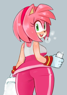 accessory anthro big_butt black_nose bodily_fluids bottomwear breasts breath butt clothed clothing eyelashes female fur gloves green_eyes grey_background hair hair_accessory hairband handwear holding_object looking_at_viewer looking_back looking_back_at_viewer open_mouth open_smile pants pink_body pink_bottomwear pink_clothing pink_fur pink_hair pink_pants pink_topwear rear_view short_hair simple_background smile solo sweat sweatdrop tan_body tan_fur thick_thighs topwear white_clothing white_gloves white_handwear white_topwear wide_hips 2x_(artist) sega sonic_riders sonic_the_hedgehog_(series) amy_rose eulipotyphlan hedgehog mammal hi_res