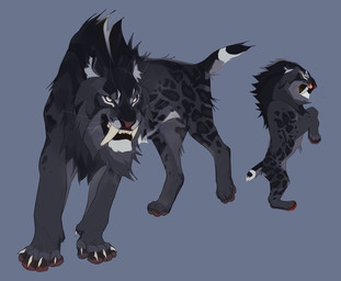 ambiguous_feral ambiguous_gender back_tuft bared_teeth black_markings blue_background cheek_tuft chin_tuft claws facial_tuft fangs feral fur grey_body grey_fur leg_tuft markings side_view simple_background solo teeth tuft whiskers white_claws justkiddinb felid mammal hi_res