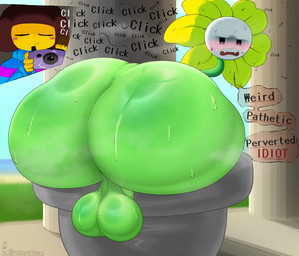 aged_up ambiguous_gender backsack balls big_balls big_butt blush bodily_fluids butt camera clicking dialogue duo embarrassed flower genitals green_body huge_butt male open_mouth plant profanity rear_view sound_effects sweat diamondtears undertale undertale_(series) flowey_the_flower frisk_(undertale) elemental_creature flora_fauna human mammal 2025 hi_res