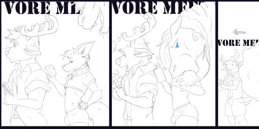 3_panel_comic almost_fully_inside anthro antlers belly big_belly blue_eyes bulge clothing collar convention group hair head_first head_in_mouth horn huge_belly larger_pred lined_up male male/male male_pred male_prey oral_vore shirt size_difference standing_in_line tail text topwear trio vore pandottermon celtic_mythology european_mythology mythology canid canine deer equid equine fox kelpie mammal mythological_creature mythological_equine 2023 black_and_white dated monochrome signature