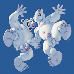 anthro caricature claws duo feet flaccid genitals glans grotesque_face half-erect humanoid_feet low-angle_view male nightmare_fuel nipples pecs penis pink_glans pink_nipples pink_nose plantigrade silly silly_face simple_background slightly_chubby slightly_chubby_male smile soles ravuer bear mammal polar_bear ursine 1:1 hi_res