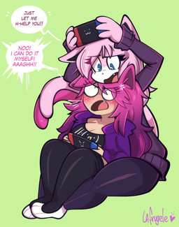 angry anthro blue_eyes blush bottomwear breasts clothing cute_fangs dialogue duo fangs female green_background hair holding_nintendo_switch looking_down looking_up pants pink_body pink_hair shirt simple_background sitting tail teeth text topwear la-frugele vg_cats aeris_(vg_cats) animal_humanoid cat_humanoid domestic_cat felid felid_humanoid feline feline_humanoid felis humanoid mammal mammal_humanoid 2023 digital_media_(artwork) english_text hi_res